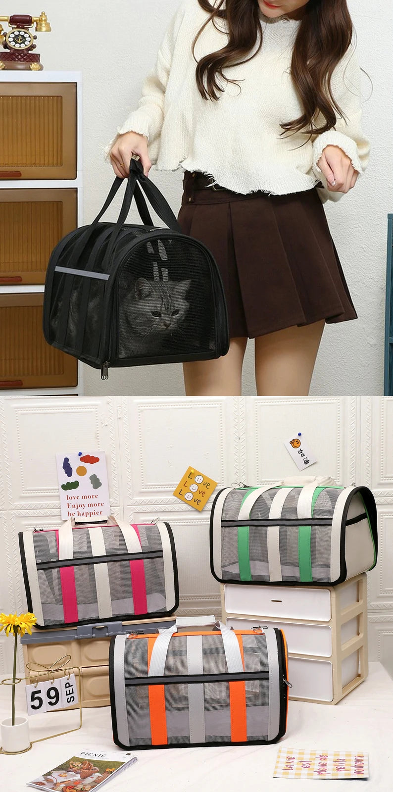 Bolsa de transporte portátil para mascotas, bolso de malla plegable para gatos y perros