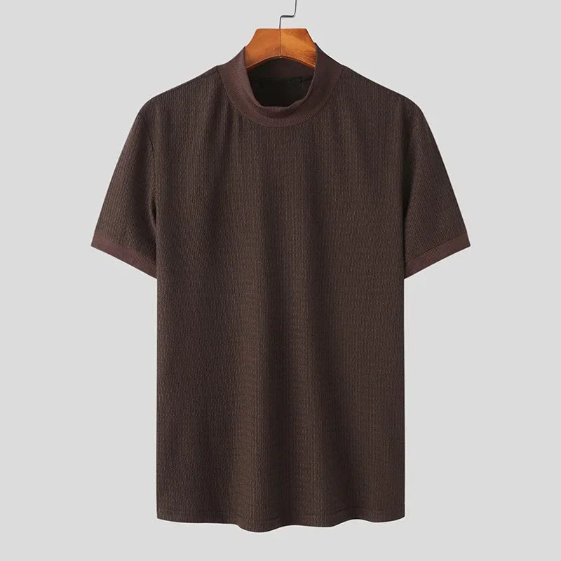 Camiseta de punto ajustada para hombre, camisas informales de cuello alto