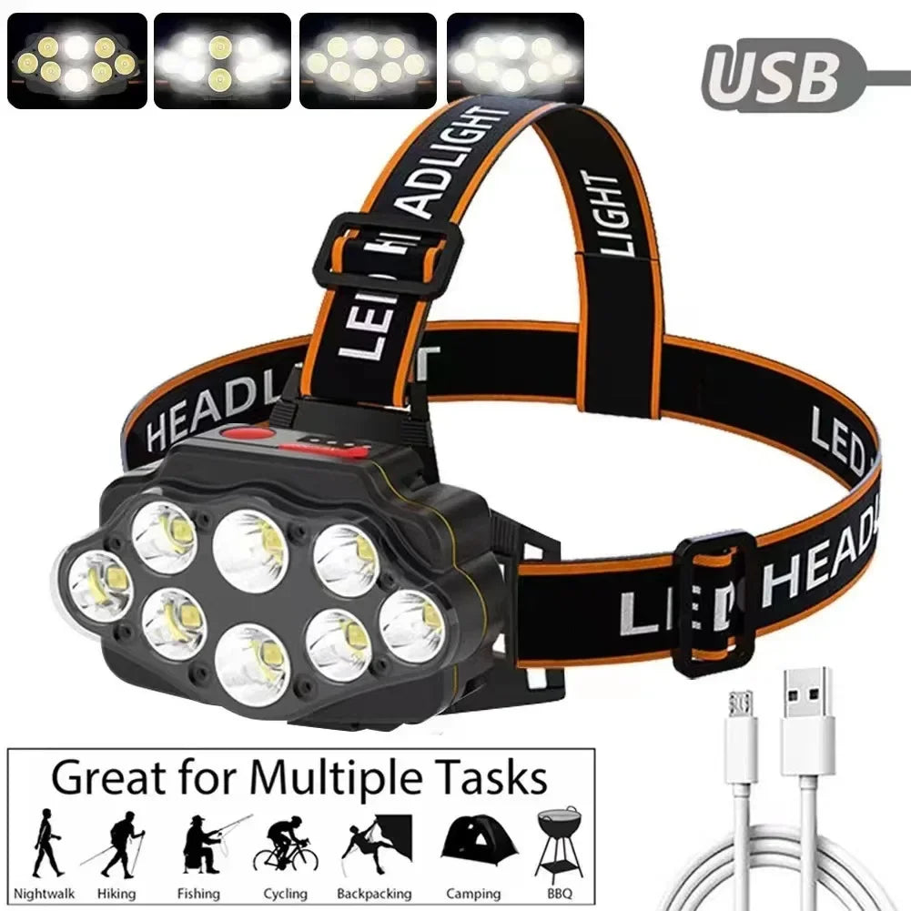 Linterna de cabeza recargable por USB, 8 LED